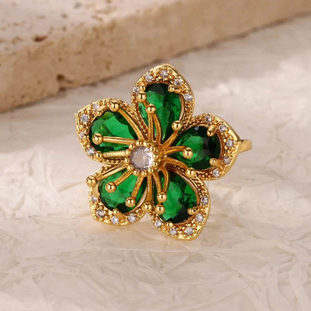 Stainless Steel Rings Gold Plated Colorful Stone Zircon Crystal Luxury Flower Ring For Women Wedding Jewelry Christmas Gift New