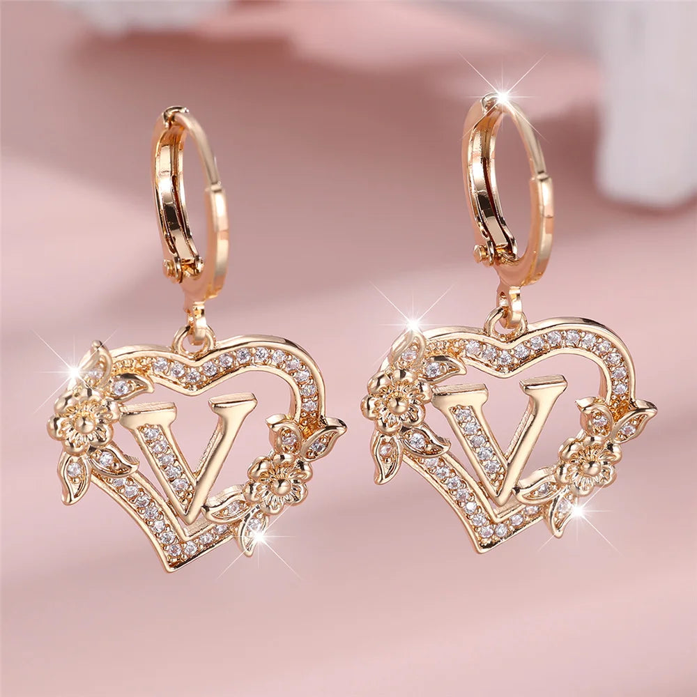 Female A-Z 26 Letter Heart Flower Hoop Earrings Yellow Gold Color White Zircon Wedding Jewelry For Women