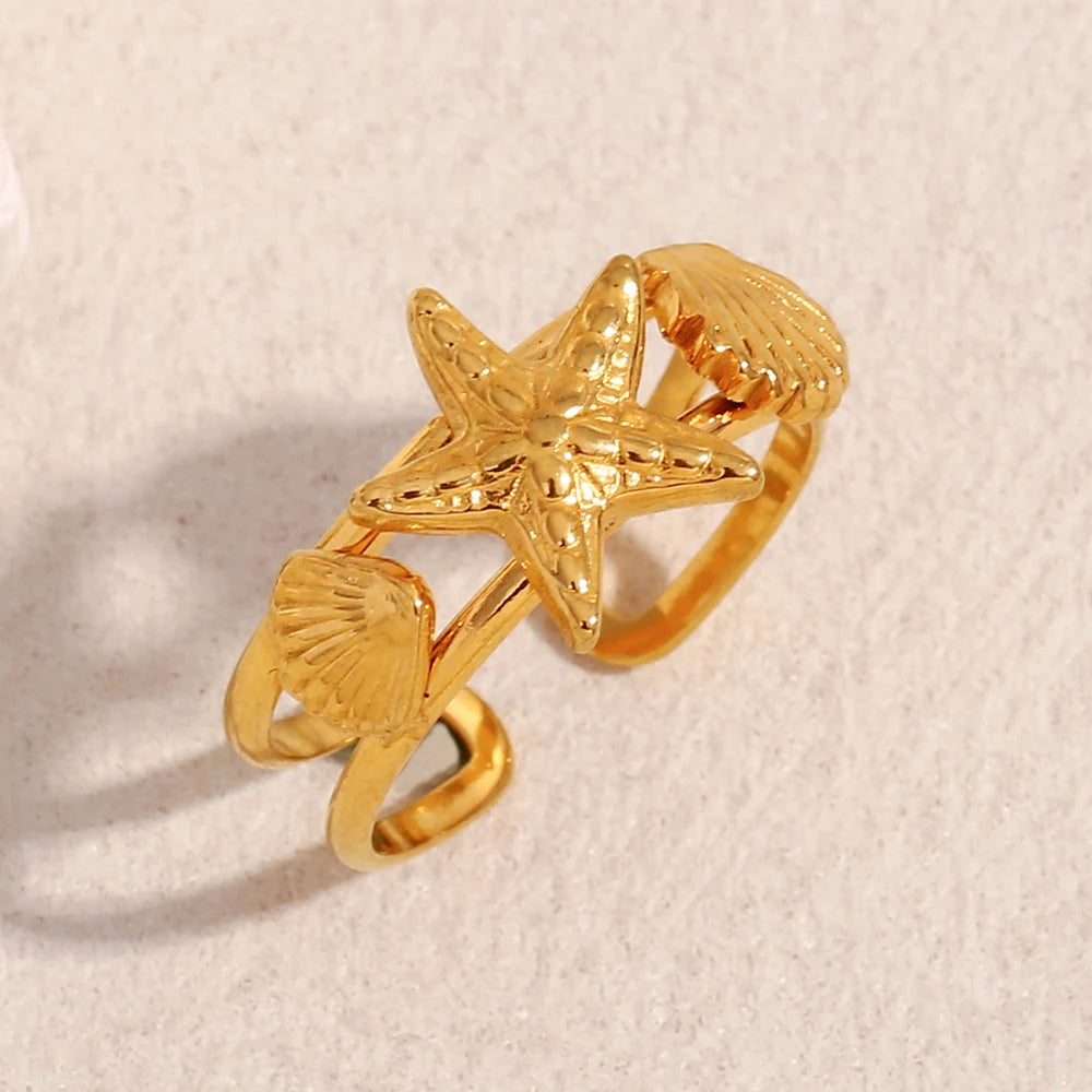 E.B.belle Ocean Style Double Layer Starfish Shell Opening Ring For Women Stainless Steel Gold Plated Vacation Chic Jewelry