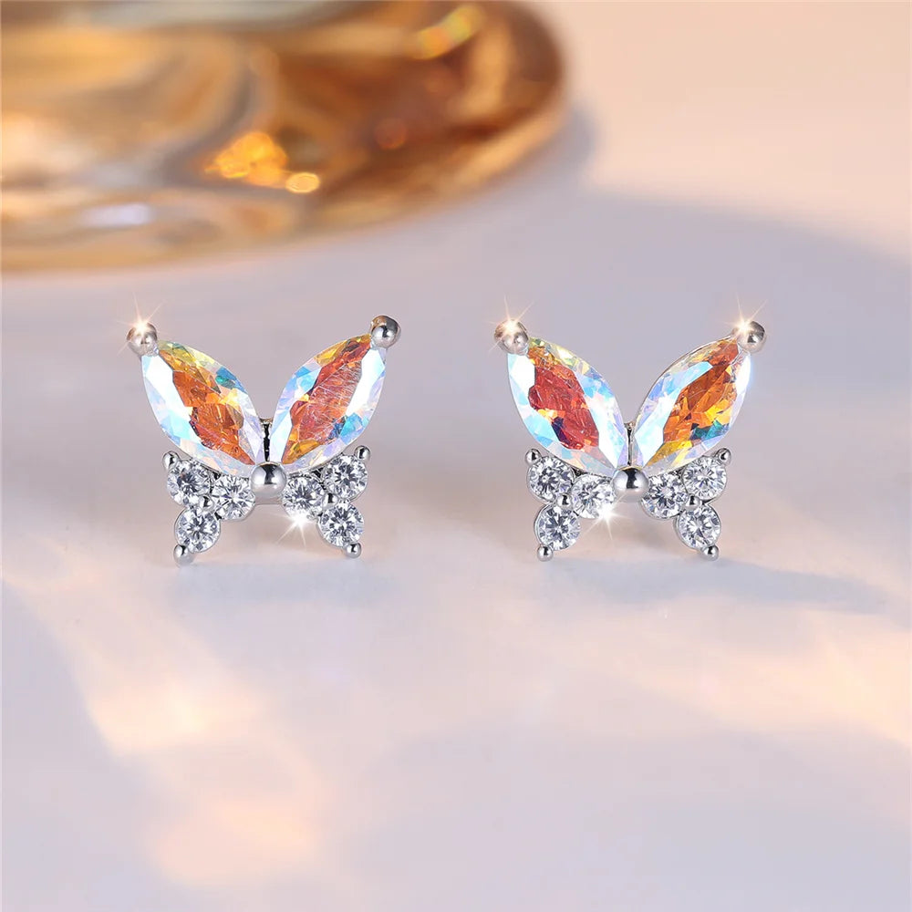 Cute Female White Butterfly Zircon Stone Stud Earrings Silver Color Uquare Girlfriend Gift Wedding Jewelry For Women
