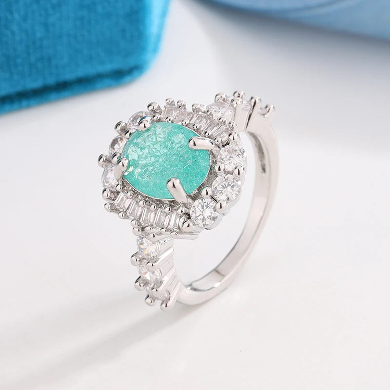 925 Silver Plated Luxurious Paraiba Sapphire Oval Full Diamond Couple Ring For Women Eometric Zirconia Valentine's Day Gift