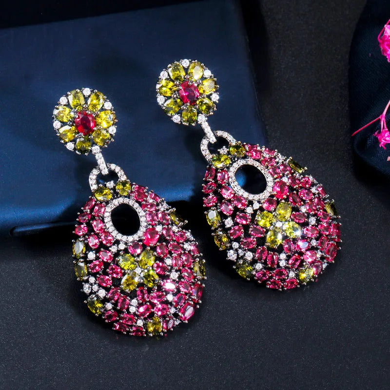 ThreeGraces Vintage Elegant Rose Red Zirconia Long Geometric Drop Earrings for Women Trendy Luxury Wedding Party Jewelry E2106