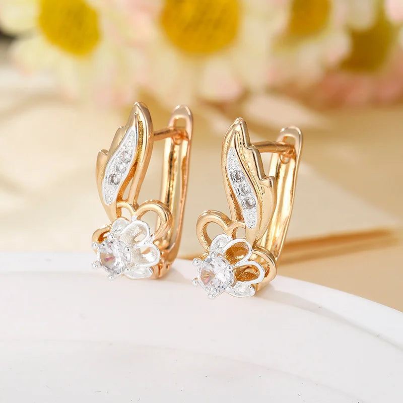 Luxury Elegant Full Shiny Zircon Dangle Gold Color Flower Earrings for Women Girl Wedding Party Fine Jewelry Daily Accessories