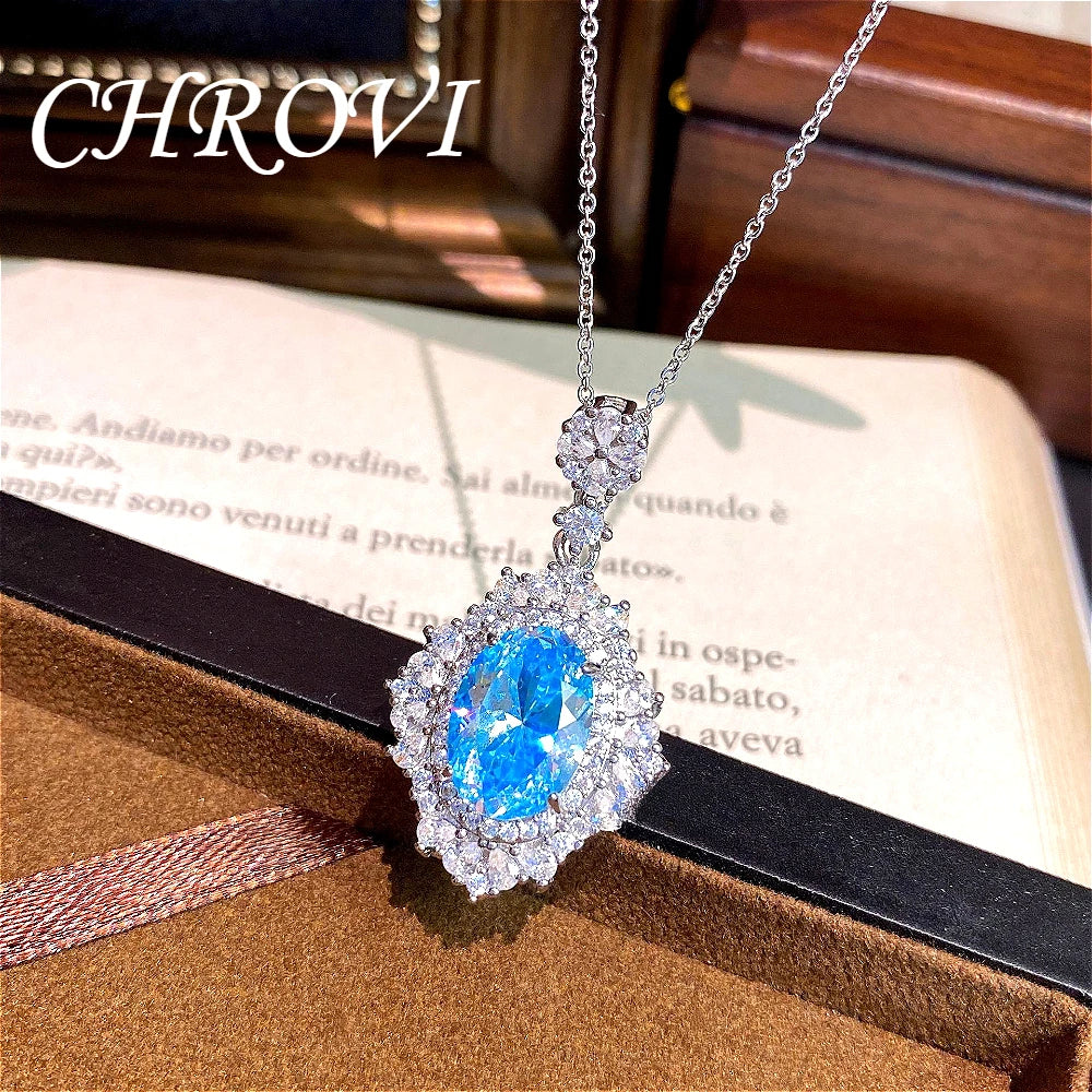 Luxury-Style 925 Sterling Silver Round Ice Flower Necklace for Women - High-Class Elegant Elliptical Full Diamond Collar Chain
