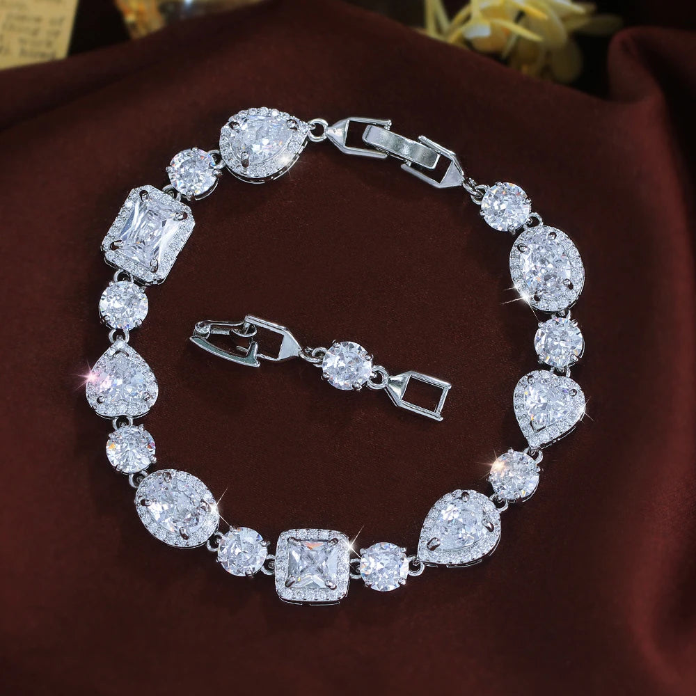 ThreeGraces Elegant Sparkling Water Drop Zirconia Bridal Wedding Party Geometric  Link Chain Bracelet Jewelry for Women BR470