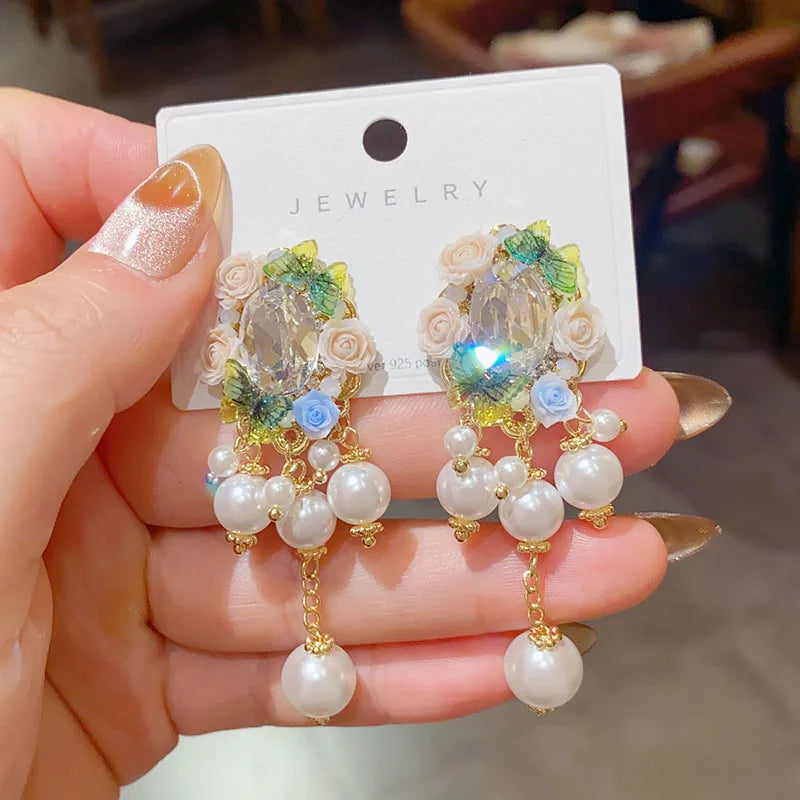Handmade Petal Long Tassel Drop Earrings for Women Elegant Luxury Retro Flower Ear Studs Niche Design Wedding Party Jewelry Gift