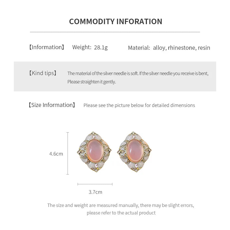 Rhombus Inlaid Rhinestone Stud Earrings Woman Retro Temperament Oval Pink Resin Earrings Exquisite Charms Banquet Jewelry K