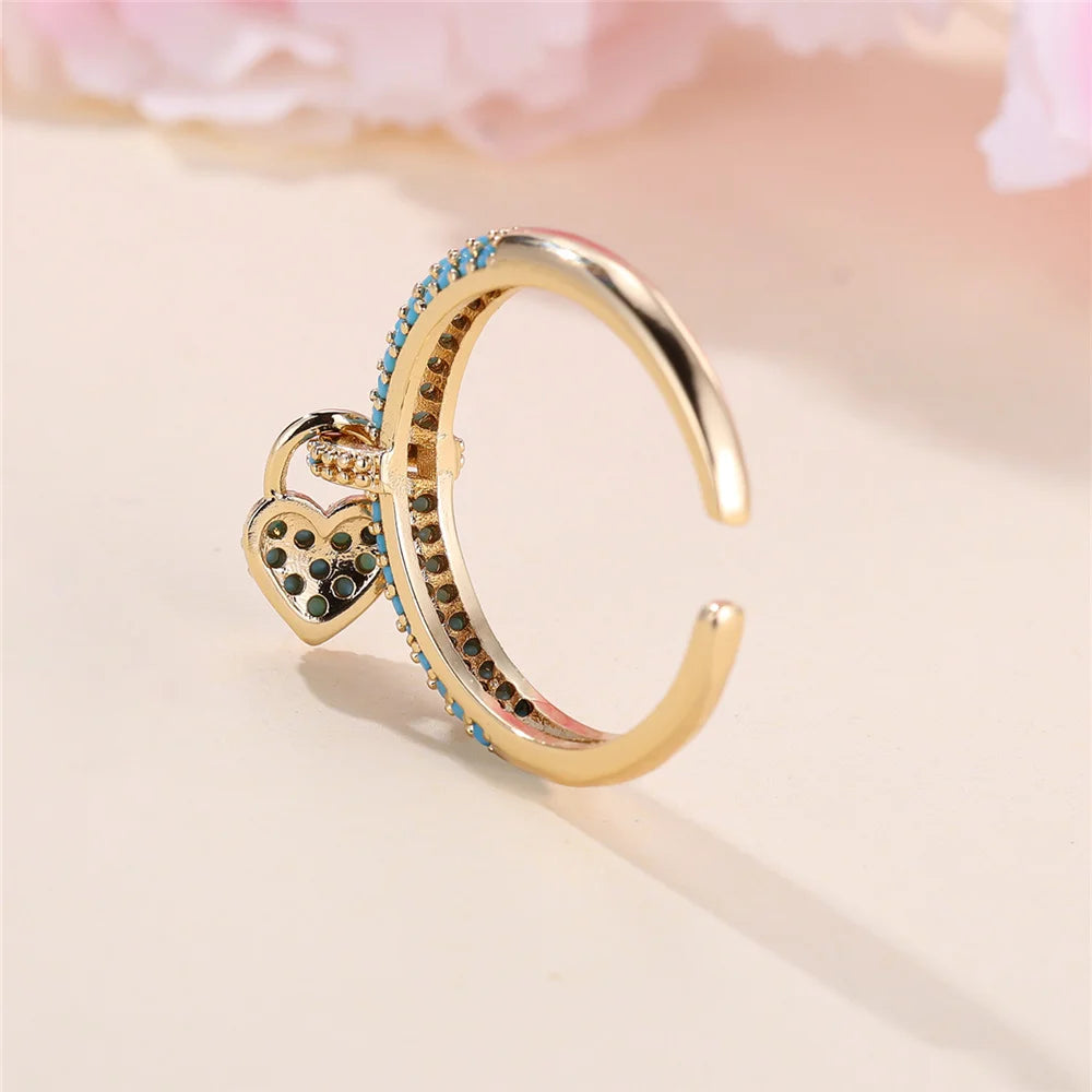 Charm Female Water Blue Crytal Adjustable Love Heart Open Ring Gold Color Cute Gift Wedding Jewelry For Women