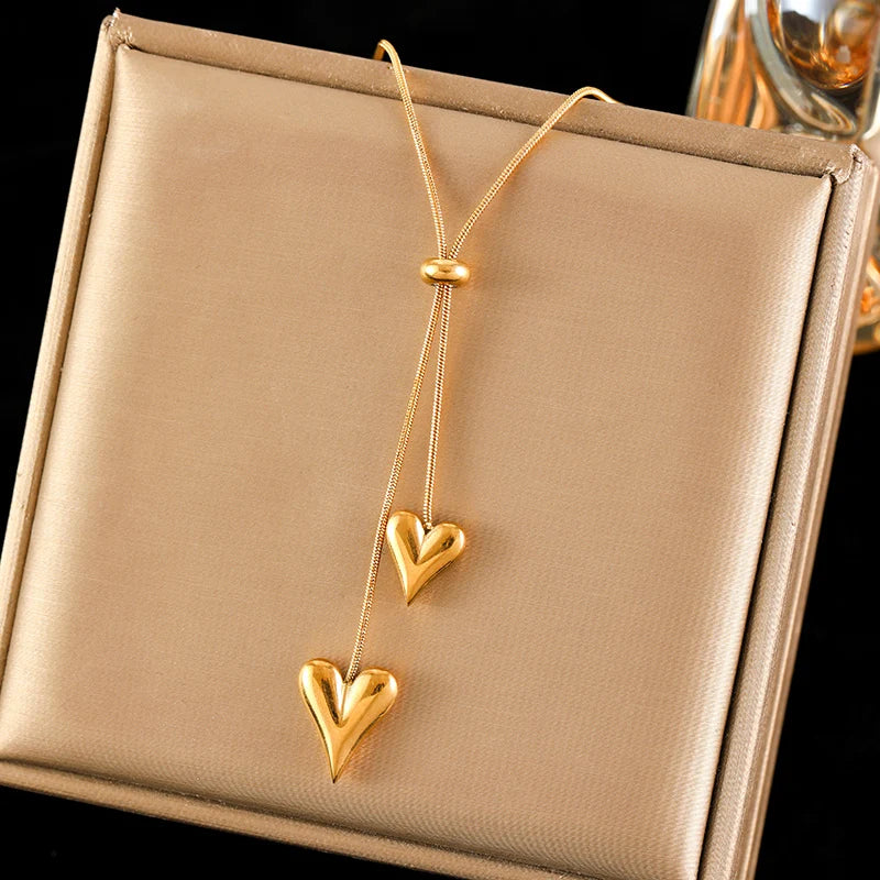 EILIECK Women's Heart Long Pendant Y-shaped Necklace 18K Gold-plated Stainless Steel Neck Chain Daily Water-resistant Jewelry