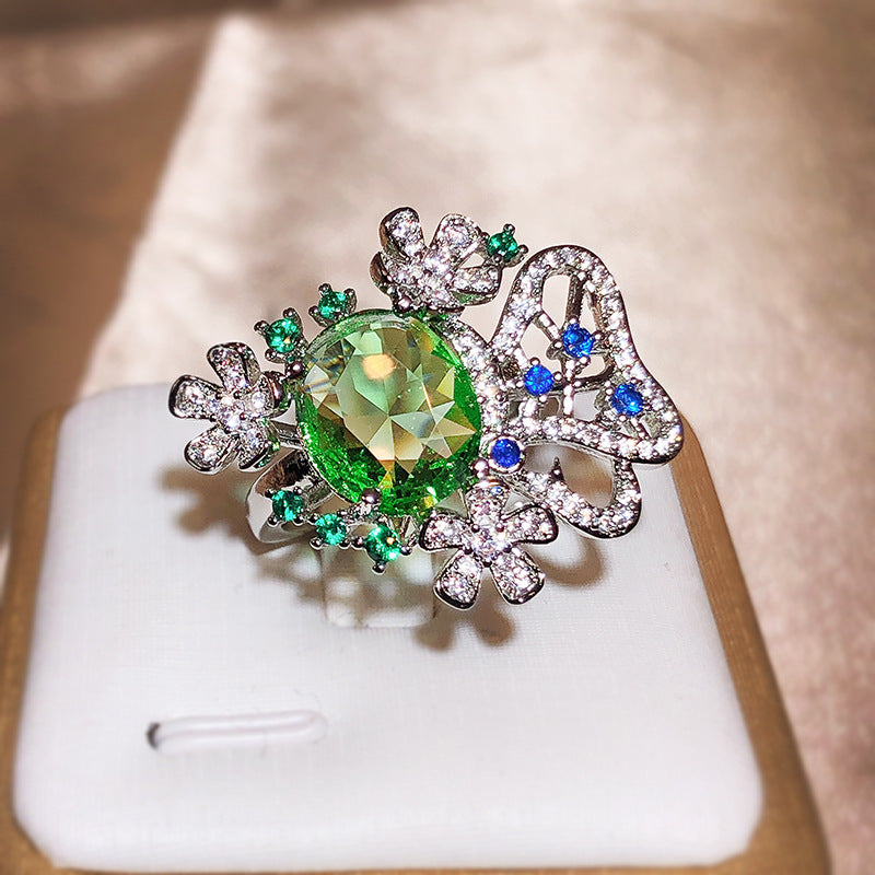 New Small Fresh Flower Oval Green Zircon Ring For Women 925 Silver Cutout Jewelry Wedding Goddess Festival Gift