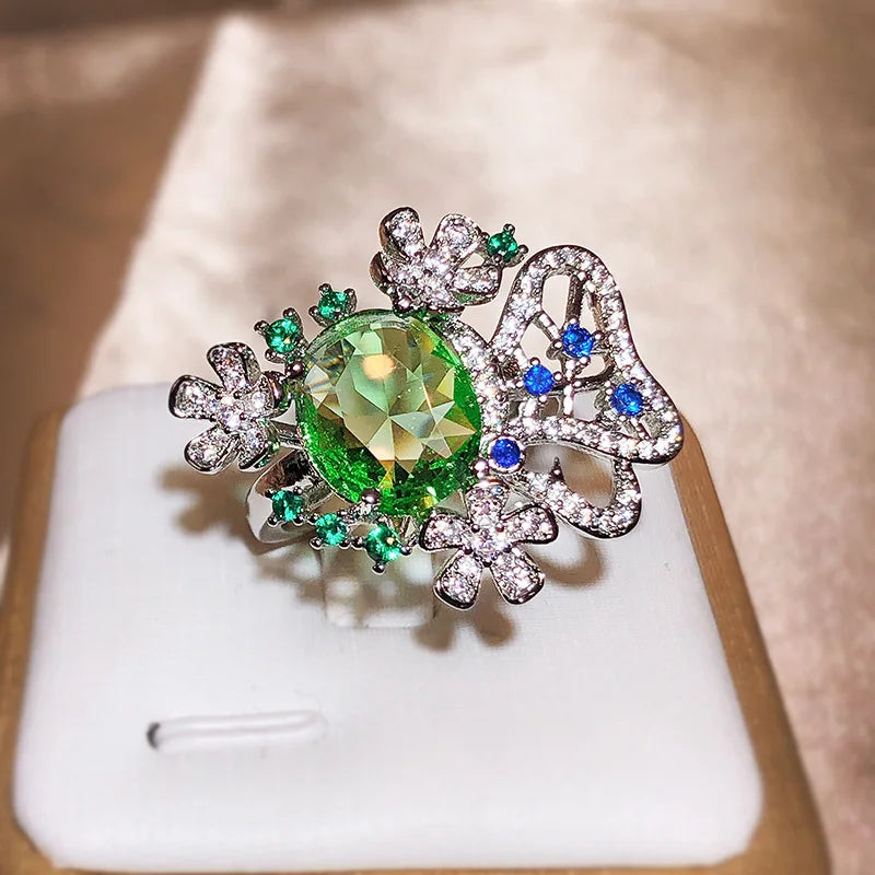 New Small Fresh Flower Oval Green Zircon Ring For Women 925 Silver Cutout Jewelry Wedding Goddess Festival Gift