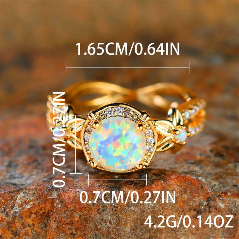 Cute Female Round White Fire Opal Stone Ring Yellow Gold Color Flower Engagement Rings For Women Charm Wedding Jewelry
