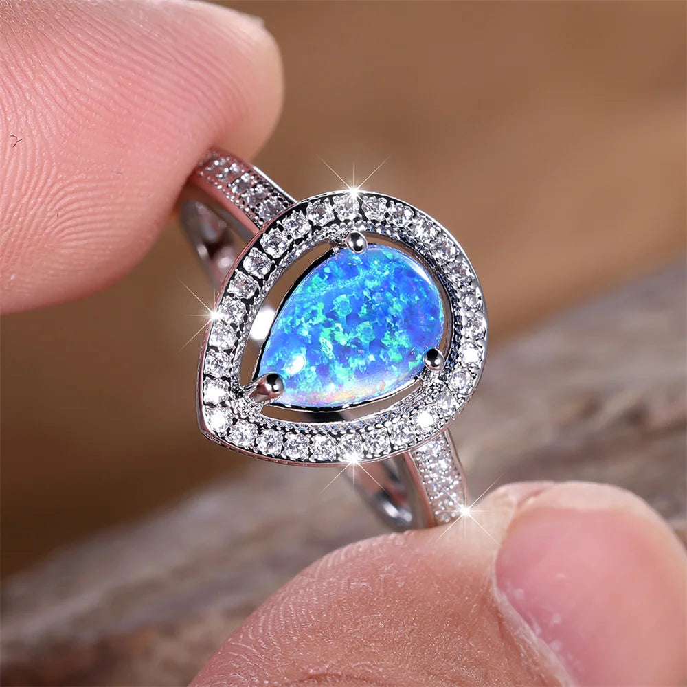 Cute Water Drop Stone Ring Blue Fire Opal Wedding Rings For Women Silver Color Engagement Jewelry Accessory Mother's Day Gifts