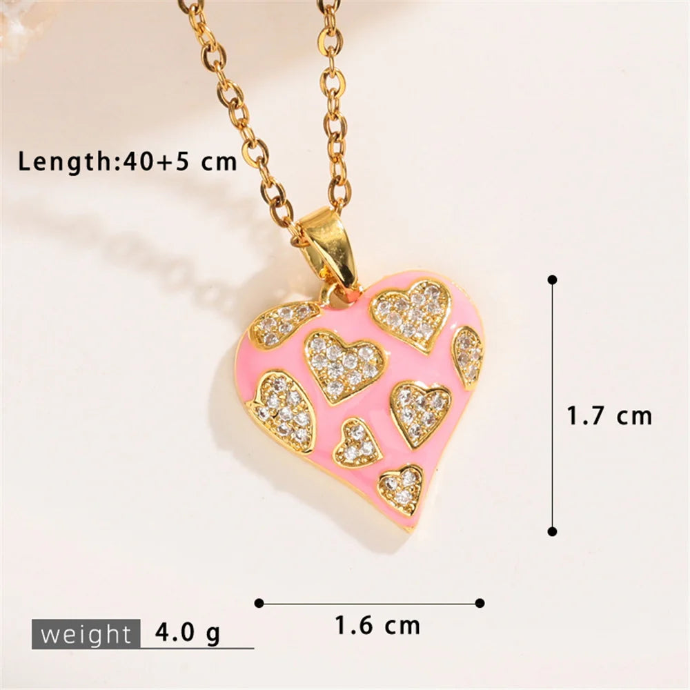 New Fashion Overlap Small Heart Love Charm Female Pink Green Zircon Pendant Necklace Gold Color Wedding Jewelry For Cute Women