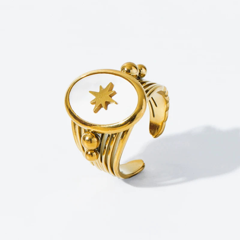 EILIECK 316L Stainless Steel White Stone Star Adjustable Ring For Women Girl Fashion Cuff Finger Ring Waterproof Jewelry Gift