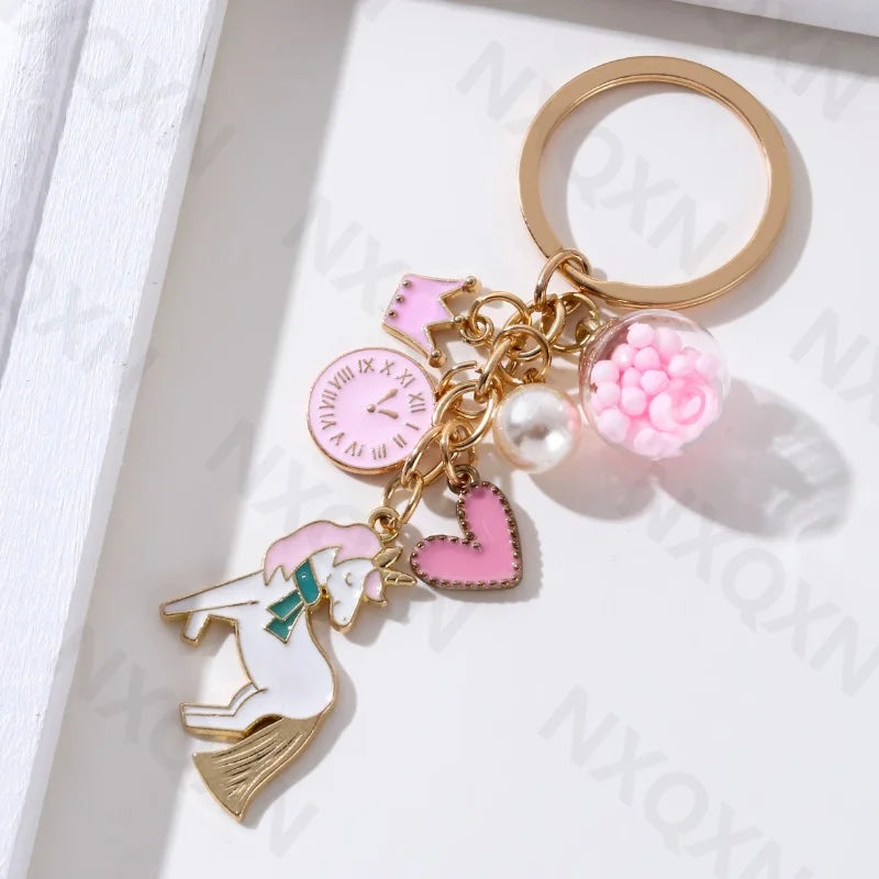 Lovely Pink Heart Clock Crown Unicorn Preal Enamel Keychain Cute Animals Love Key Ring For Women Girl Handmade Friendship Gift