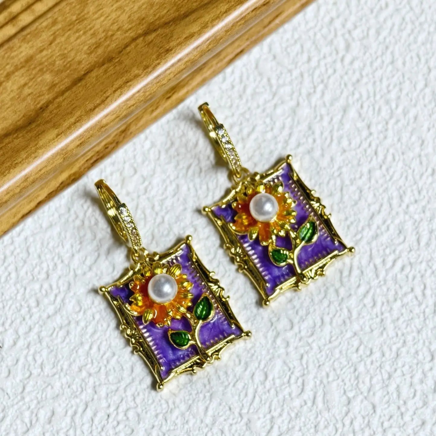 Monet Garden Sunflower Enamel Necklace Earring Set with Ancient Style, High Grade, Fashion Style, Clavicle Stainless Steel