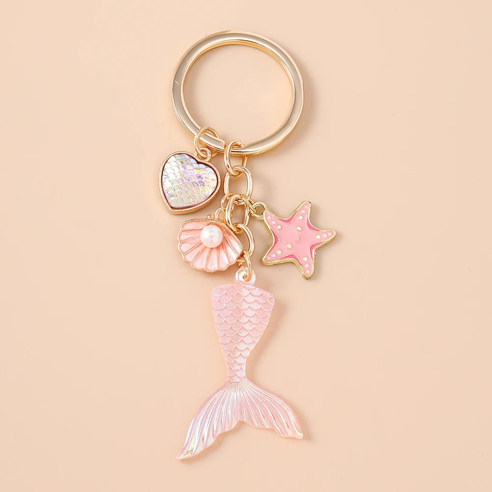 Summer Beach Mermaid Shell Starfish Keychain Women Girls Pearl Love Heart Key Ring Pendants for Handbag Decor DIY Jewelry Gifts
