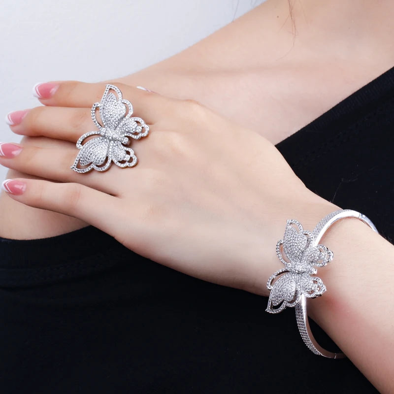 ThreeGrace Luxury Sparkling Cubic Zirconia Wedding Bridal Party Big Butterfly Finger Ring and Bangle Jewelry Set for Women JS543