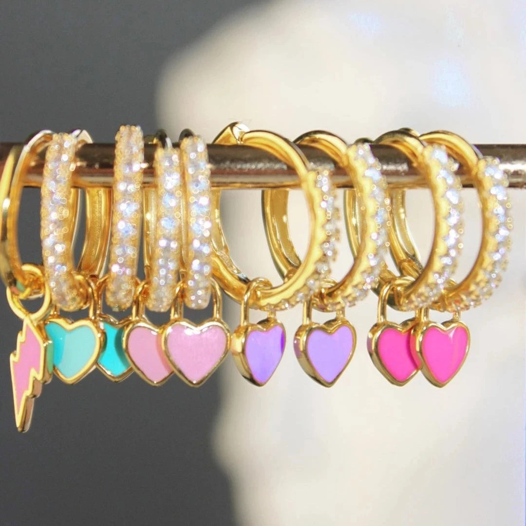 New Trendy Rhinestone Small Circle Hoops with Cute Candy Neon Color Heart Hanging Earrings for Women Gold Plated Huggies Jewelry