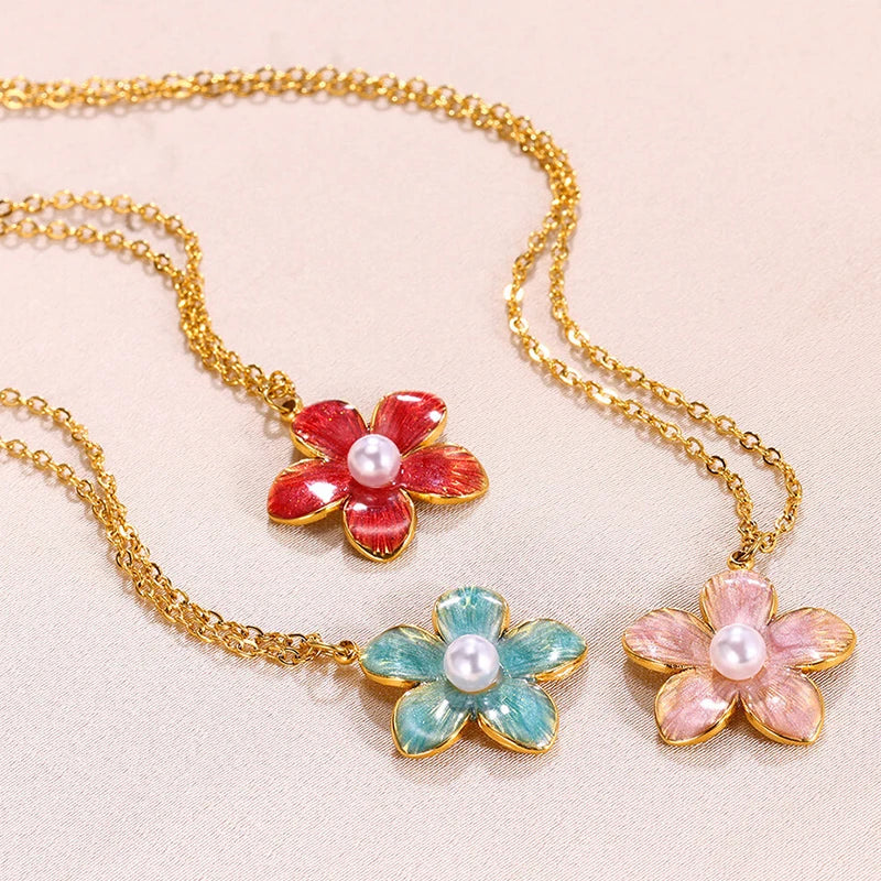 ANENJERY 316L Stainless Steel Enamel Colorful Flower Pearl Pendant Necklace For Women Sweet French Luxury Jewelry Gift Wholesale