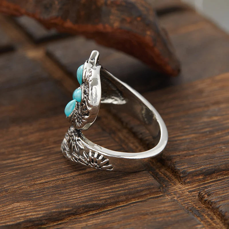 Vintage Bohemian Faux Turquoise Ring Fashion Butterfly Skeleton Ring Fashionable Temperament Ethnic Style Women's Jewelry