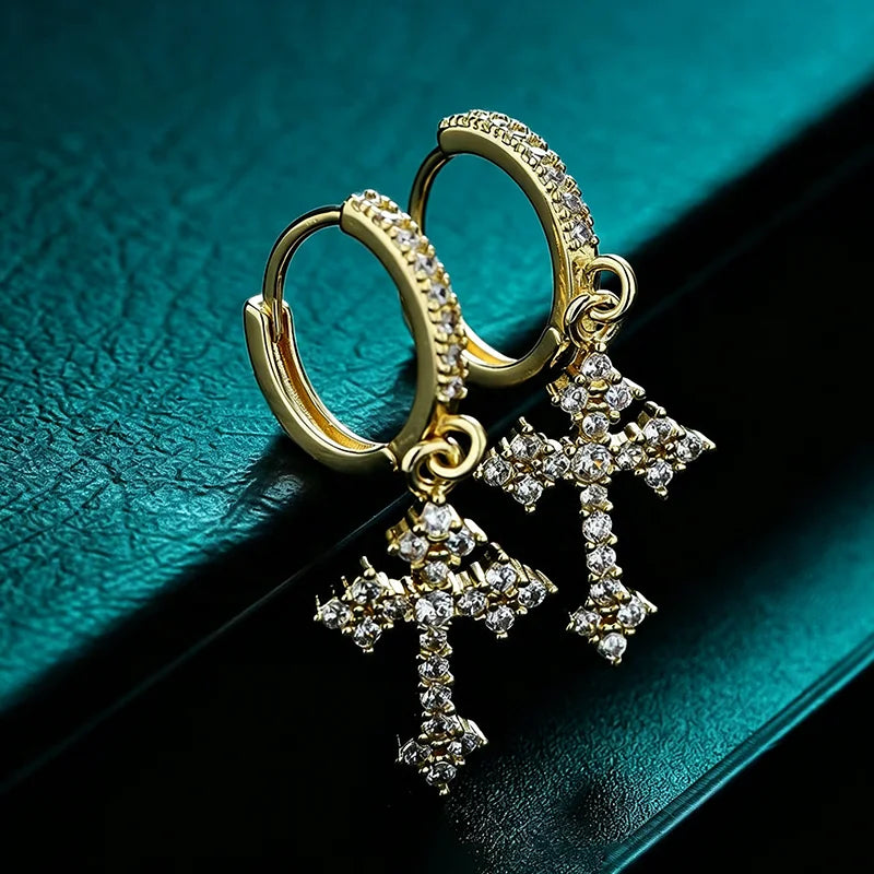 OXTAO Statement Hiphop Cross Earrings for Men Women 2.5mm D VVS1 Moissanite Drop Earrings Party Jewelery Gifts 14K Gold Filled