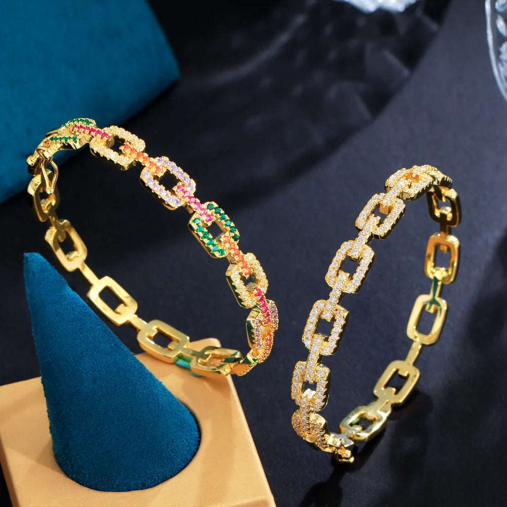 ThreeGraces Fashion Shiny Multicolor Cubic Zirconia Geometric Cuban Link Chain Cuff Bangle for Women Trendy Party Jewelry B077