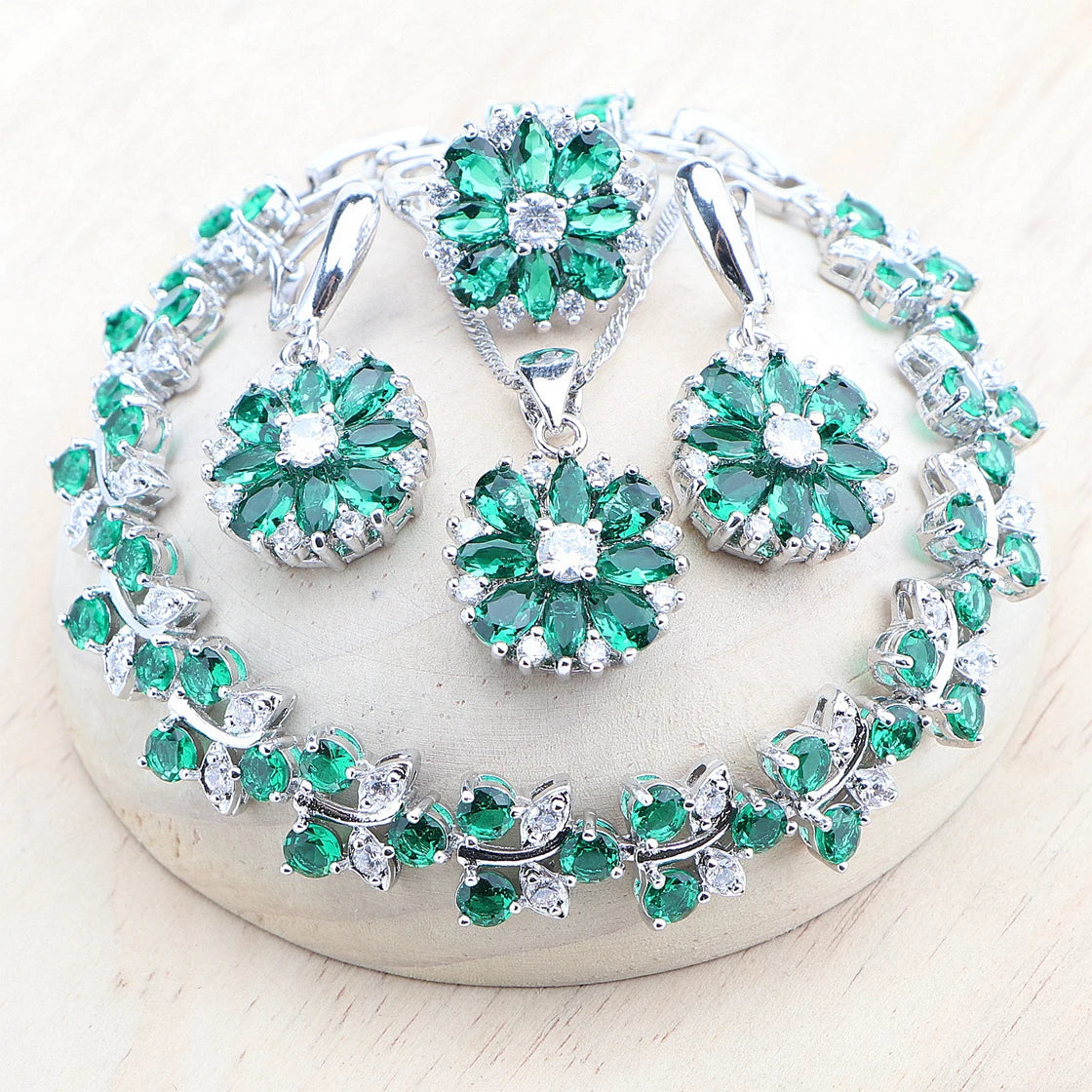 Bridal Jewelry Sets Silver 925  Flower Colorful Zircon Bracelets Earrings Rings Pendant Wedding Necklace Set Jewelry For Women