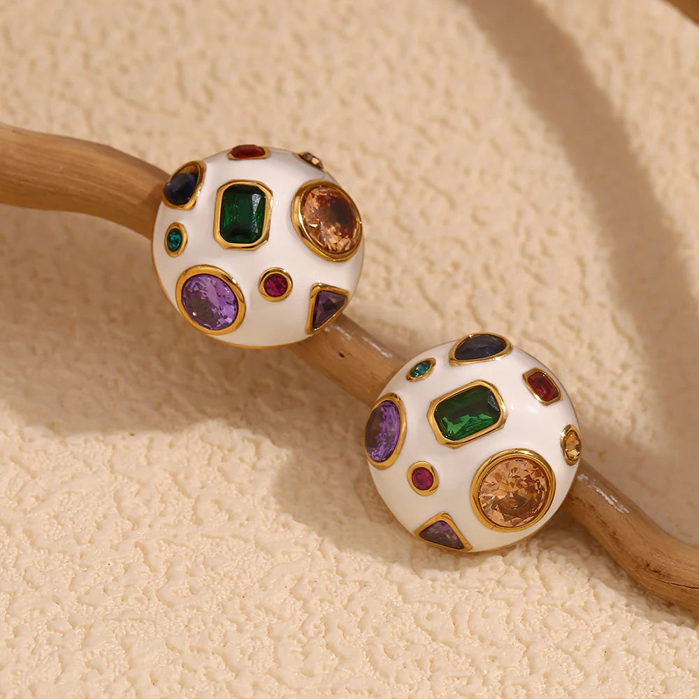 E.B.belle White Enamel Geometric Colored Zirconium Spherical Earrings 18K Gold Plated Gift 316L Stainless Steel Women's Earrings