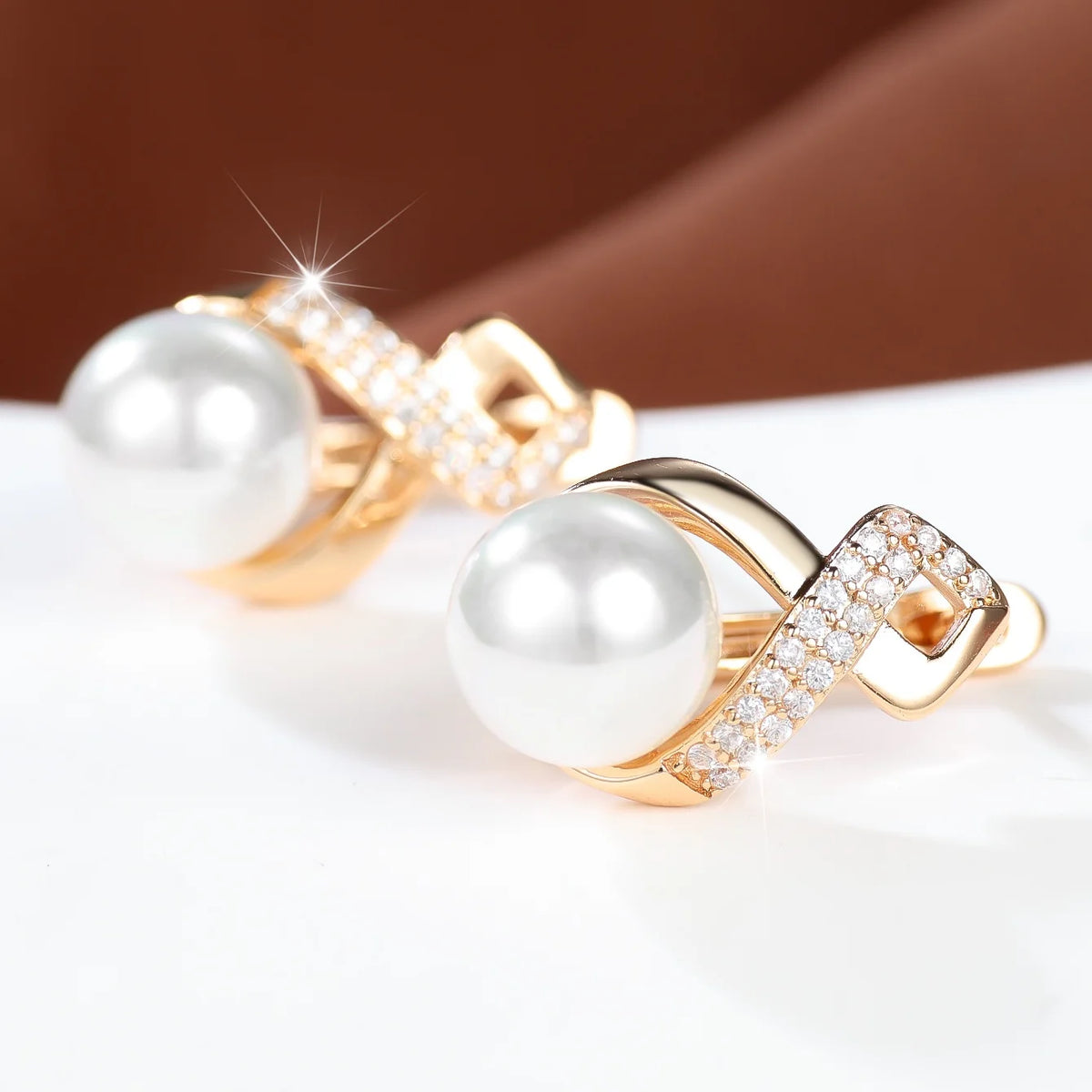 Small Round White Pearl Zircon Fashion Hoop Earrings Charm Female Gold Color Wedding Jewelry For Women
