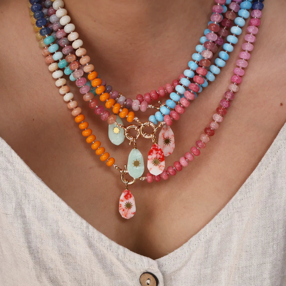 Colorful Natural Stone Beaded Pendant Necklace with Gold Color Star Boho Handmade Beads Choker Summer Beach Vacation Jewelry