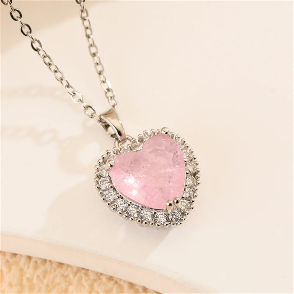 Small Heart Love Charm Female Pink Green Zircon 2026 Fashion Pendant Necklace Gold Silver Color Wedding Jewelry For Cute Women