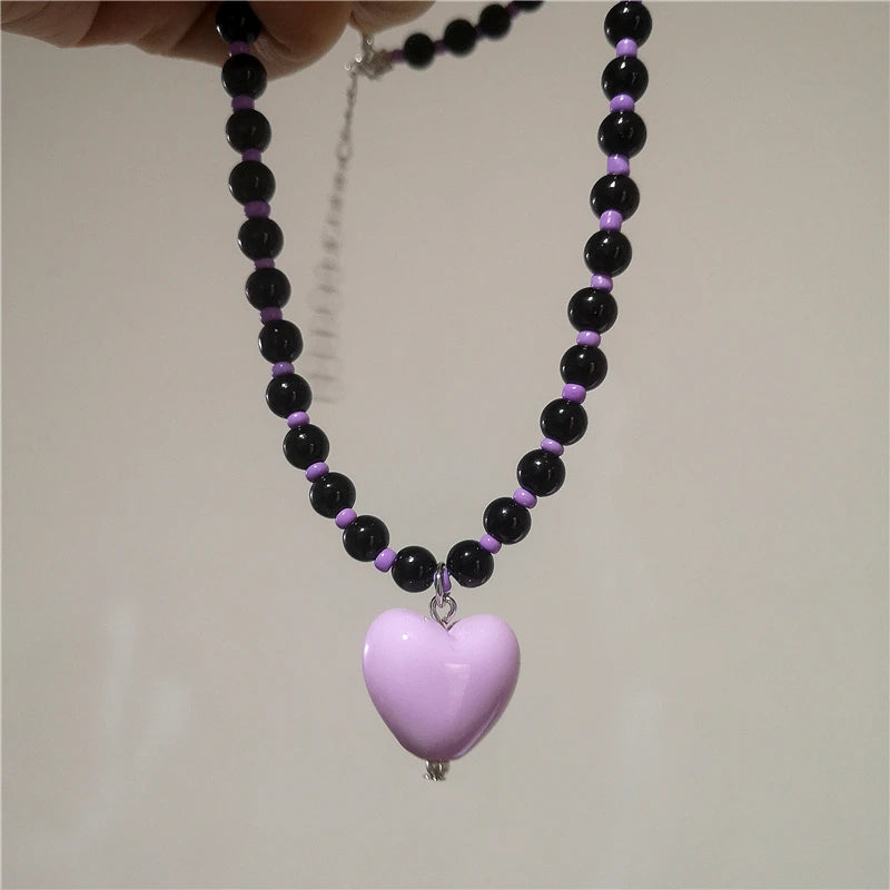 2026 New Color Beaded Chain Resin Heart Pendant Necklace For Women Girls Trendy Clavicle Chain Delicate Jewelry Gift