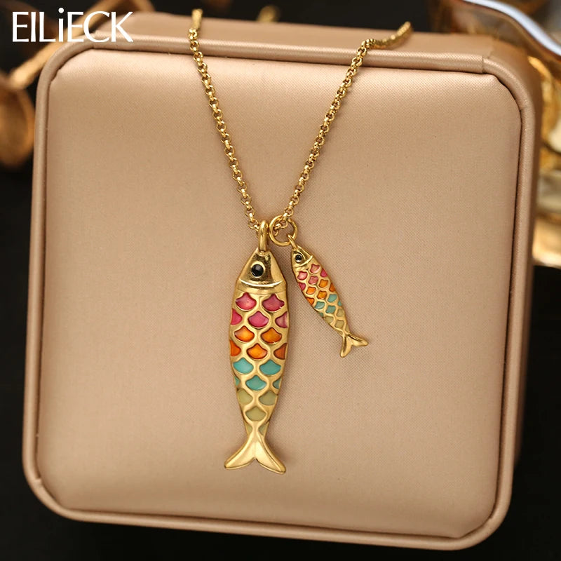 EILIECK Women's Trendy Colorful Creative Fish Pendant Necklace Stainless Steel Neck Chain Daily Water-resistant Jewelry Gift