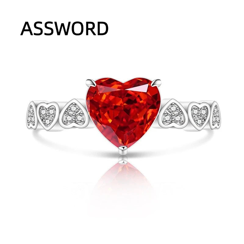 925 Sterling Silver Heart Cut Birthstone Ring for Women Multi Heart Pave CZ Band Solitaire Wedding Band Romantic Jewelry Gift