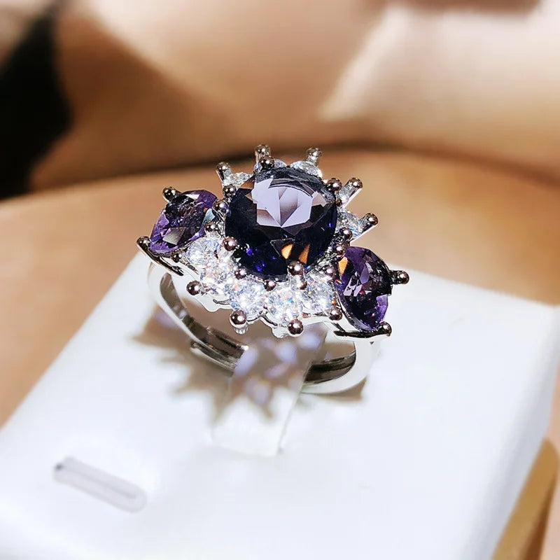 925 Silver Simple Sweet Diamond Ring Ladies New Purple Zircon Ring Women's Party Wedding Birthday Gift Wholesale