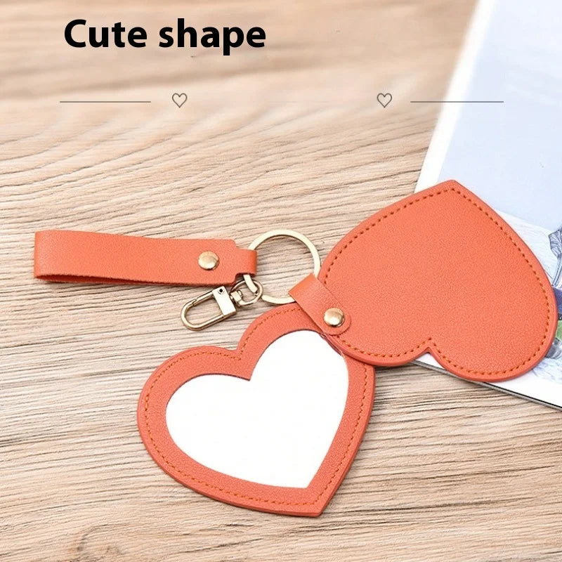 Multi-functional Heart Shape PU Leather Makeup Mirror Creativity Keychain Portable Compact with Chain for Purse Travel Gift