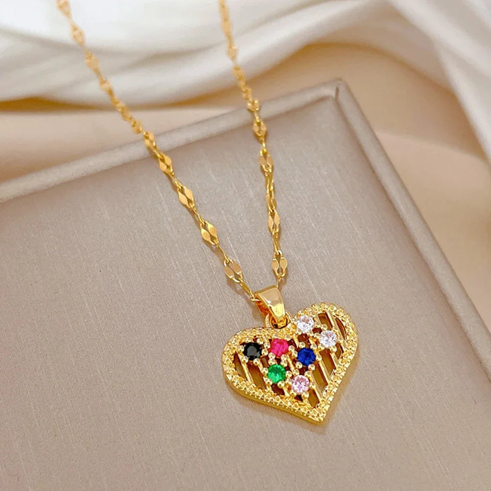Trendy Heart Stainless Steel Zirconia Necklaces For Women Girls Love Gold Color Metal Necklace Party Birthday Daily Jewelry