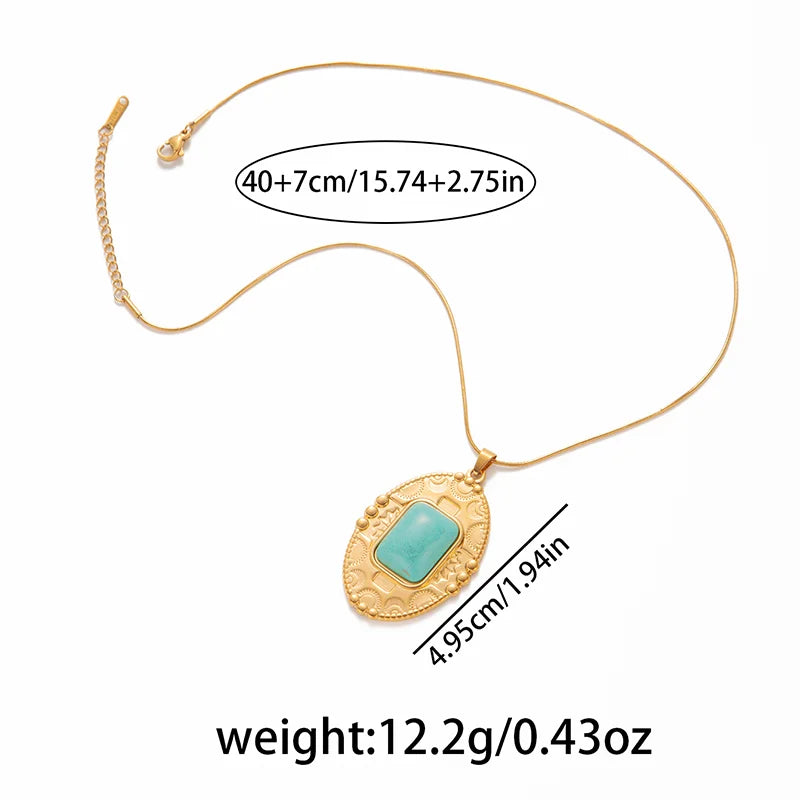 ANENJERY 316L Stainless Steel Turquoise Irregular Geometry Pendant Necklace For Women Boho Retro Personality Jewelry Gifts