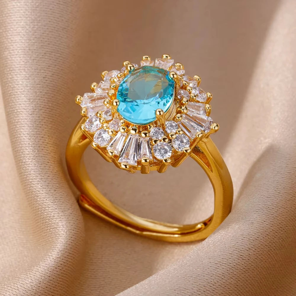 Stainless Steel Rings Gold Plated Colorful Stone Zircon Crystal Luxury Flower Ring For Women Wedding Jewelry Christmas Gift New