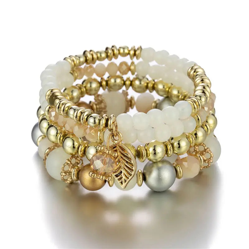 4Pcs New Candy Color Glass Beads Bracelet Set For Women Fashion Leaf Charm Elastic Chain Bangle Female Party Jewelry