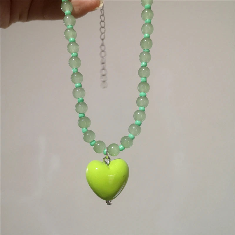 2026 New Color Beaded Chain Resin Heart Pendant Necklace For Women Girls Trendy Clavicle Chain Delicate Jewelry Gift