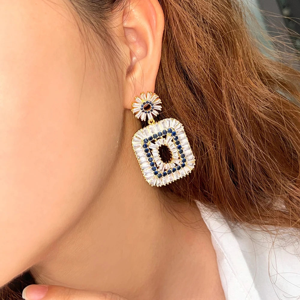 ThreeGraces Luxurious Shining Baguette Cubic Zirconia Long Big Dangle Drop Earrings for Women New Trendy Party Jewelry E1035