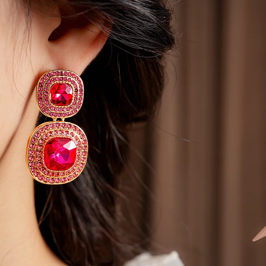 Vintage Full Rhinestones Square Dangle Earrings for Women Shiny Exquisite High-end Geometric Drop Earring Luxury Jewelry Gifts N