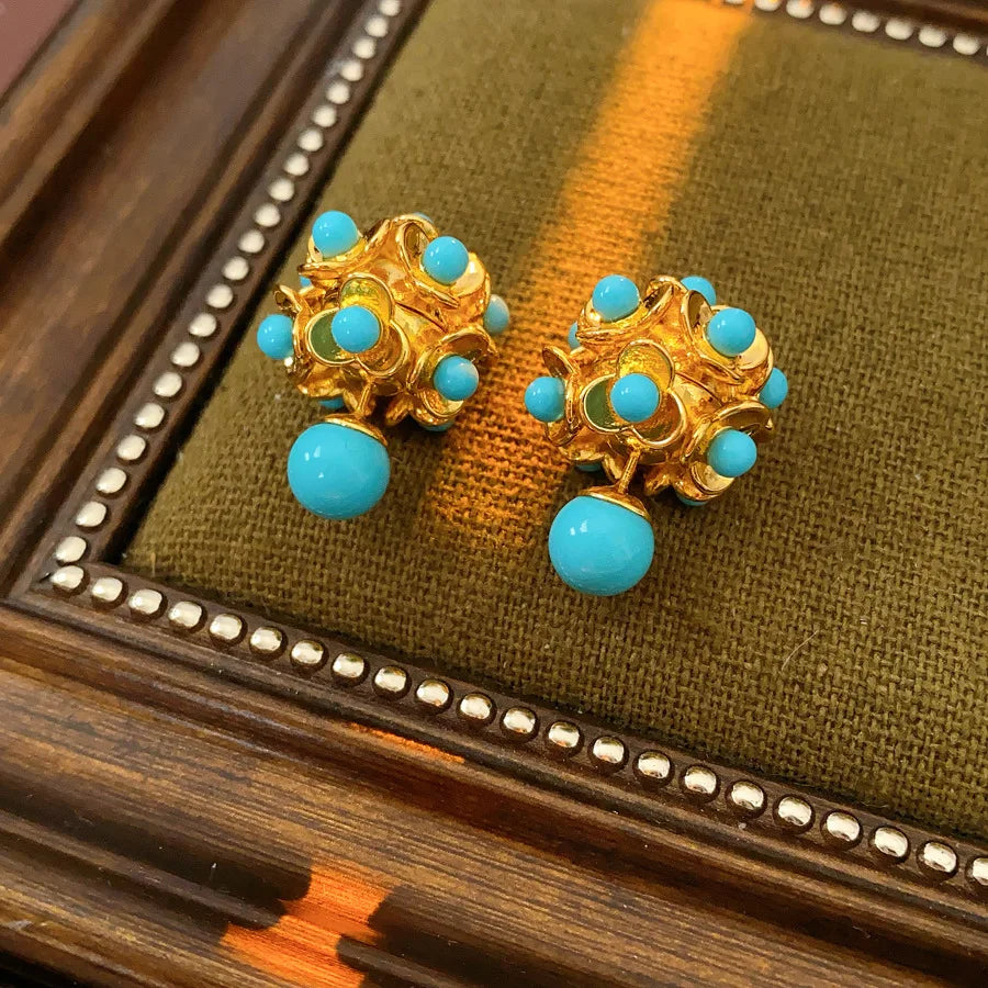 Dual-style Cubic Resin Flower Hollow Out Stud Earrings for Lady Retro Double Balls Ear Studs Statement Party Jewelry N1