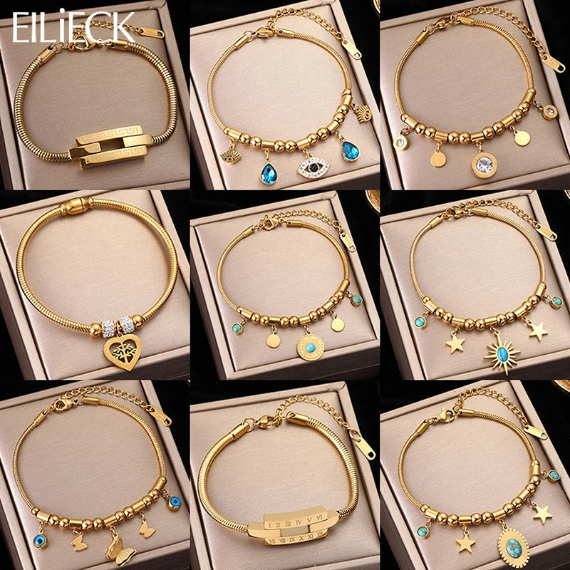 EILIECK 316L Stainless Steel Water Drop Zircon Butterfly Hexagram Charm Bracelet For Women Trend Fashion Gold Color Jewelry Gift