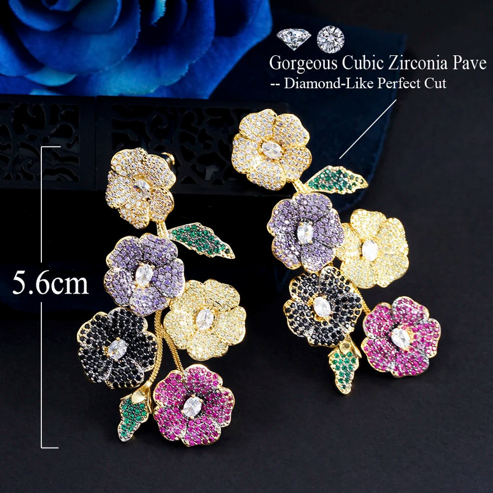 ThreeGraces Beautiful Cubic Zirconia Long Multicolor Flower Dangle Drop Earrings for Women Trendy Wedding Party Jewelry ER846