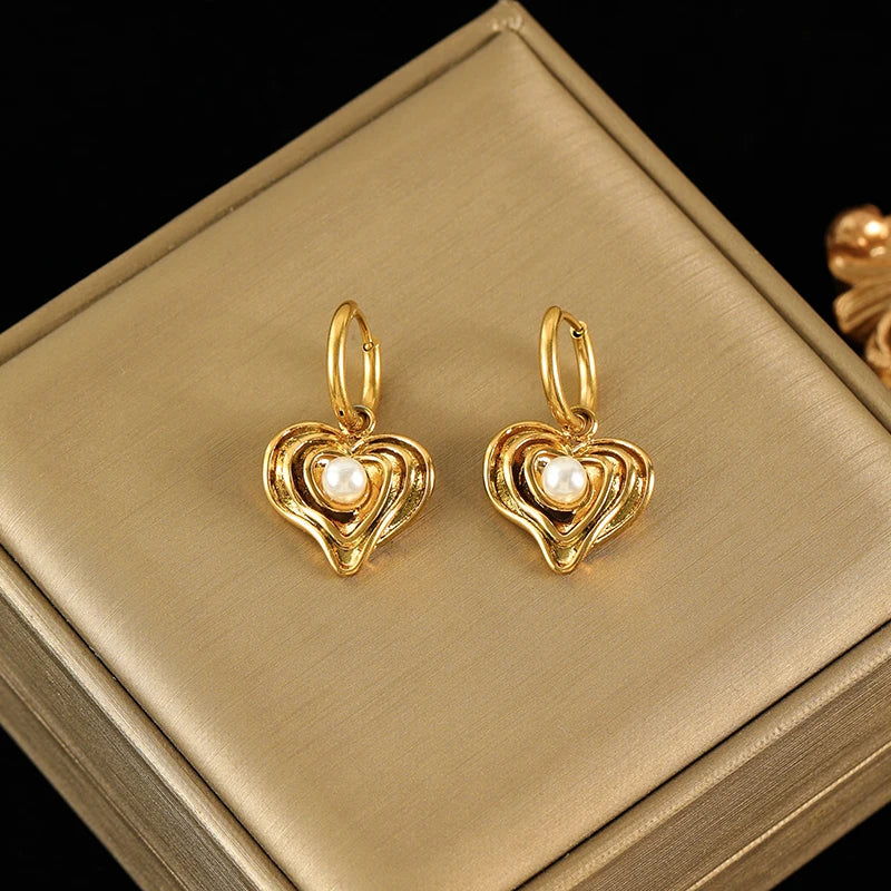 EILIECK New Fashion Stainless Steel Metal Heart Pearl Necklace Earrings For Women Trendy Gold Color Waterproof Jewelry Set Gift