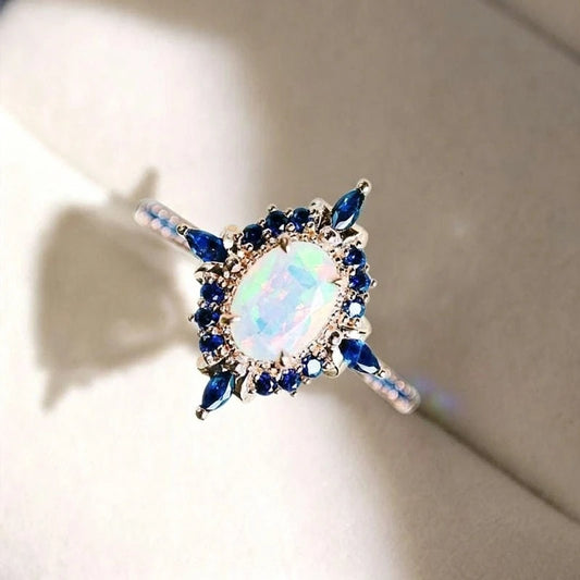 Luxury Oval Fire Opal Ring with Blue Zircon Silver Color Vintage Engagement Wedding Promise Ring for Women Fine Jewelry Gift